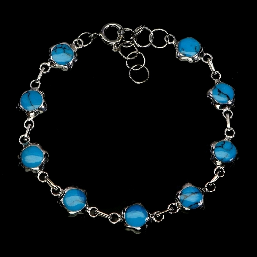 925 Sterling Silver Bracelet 7" with Natural Turquoise 6mm Gemstone